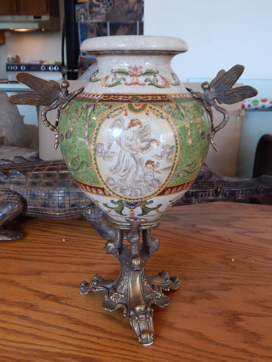 Sevres Porcelain - Green Vase French w/ Gilt Bronze Ormolu Dragonfly Handles-Jantiques LLC.