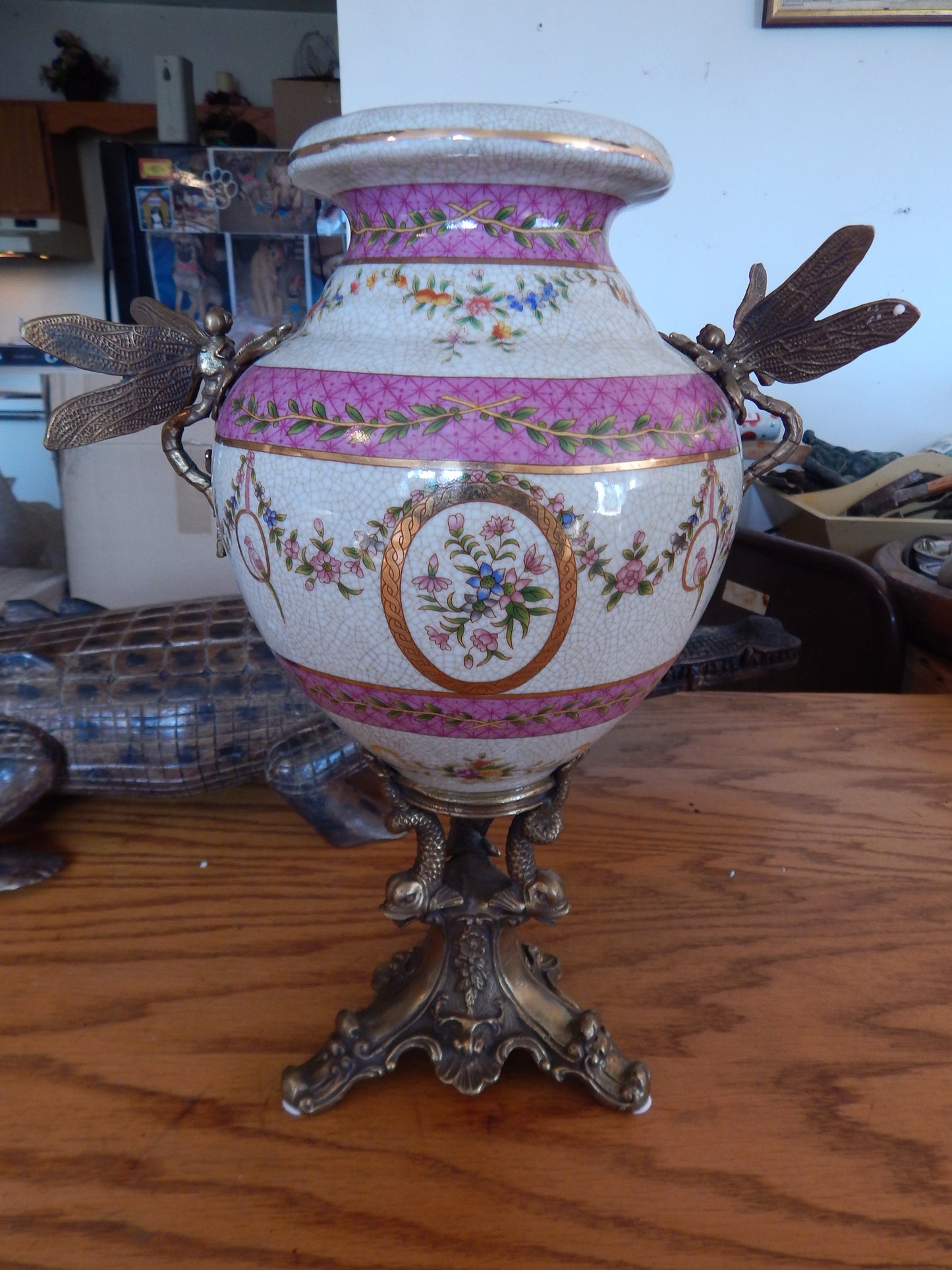 Sevres Porcelain - Pink Vase French w/ Gilt Bronze Ormolu Dragonfly Handles-Jantiques LLC.