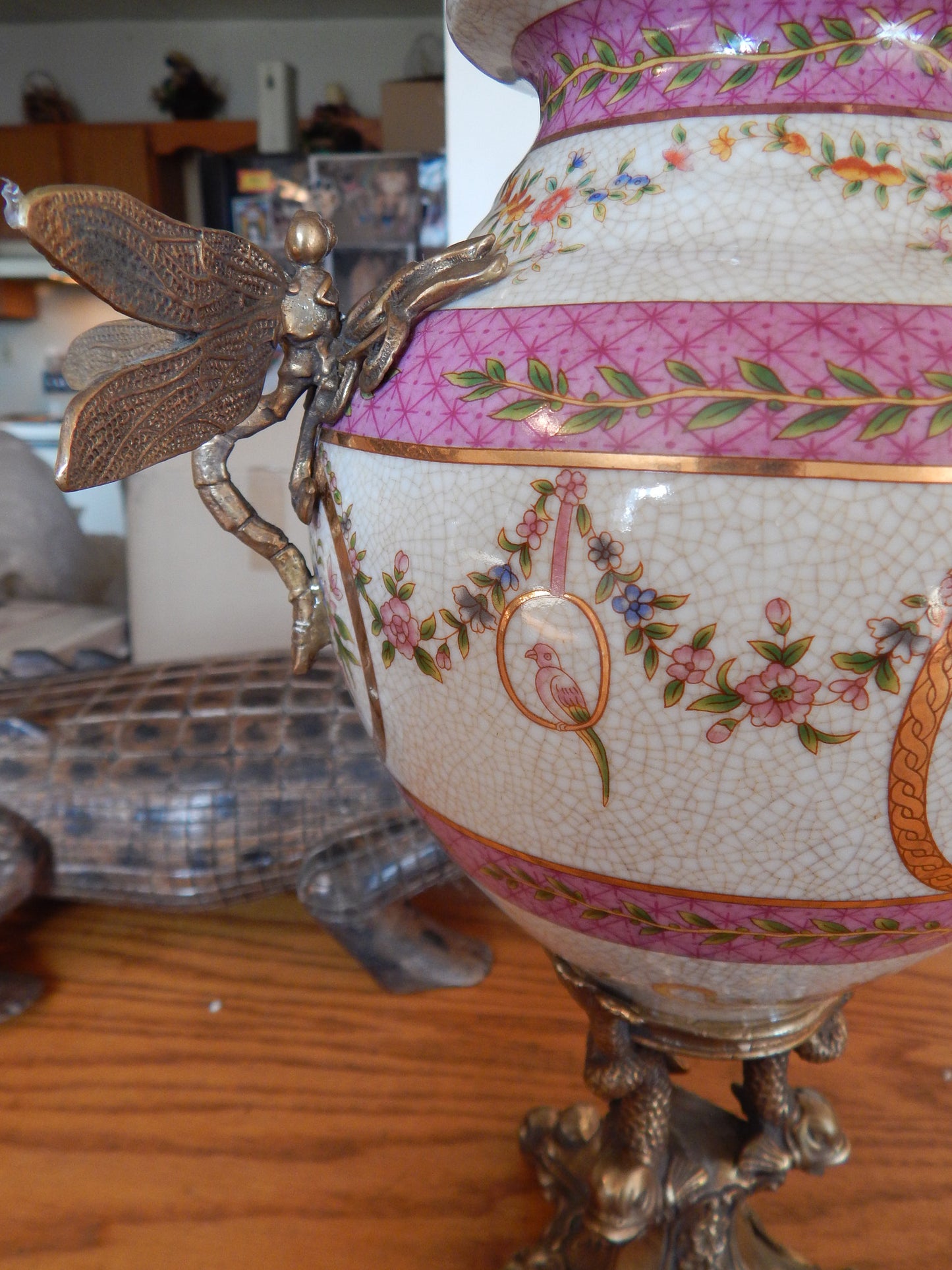 Sevres Porcelain - Pink Vase French w/ Gilt Bronze Ormolu Dragonfly Handles-Jantiques LLC.