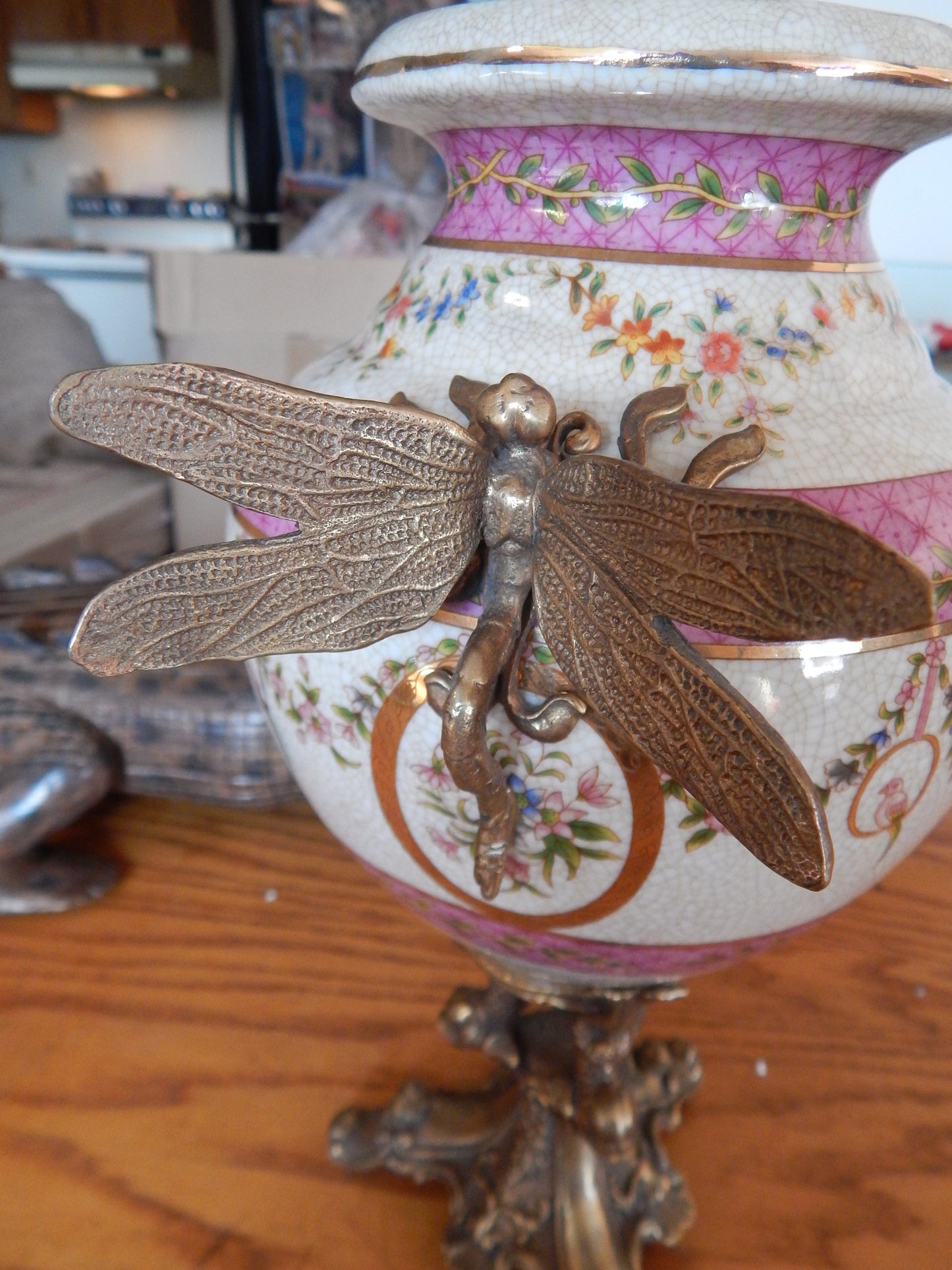 Sevres Porcelain - Pink Vase French w/ Gilt Bronze Ormolu Dragonfly Handles-Jantiques LLC.