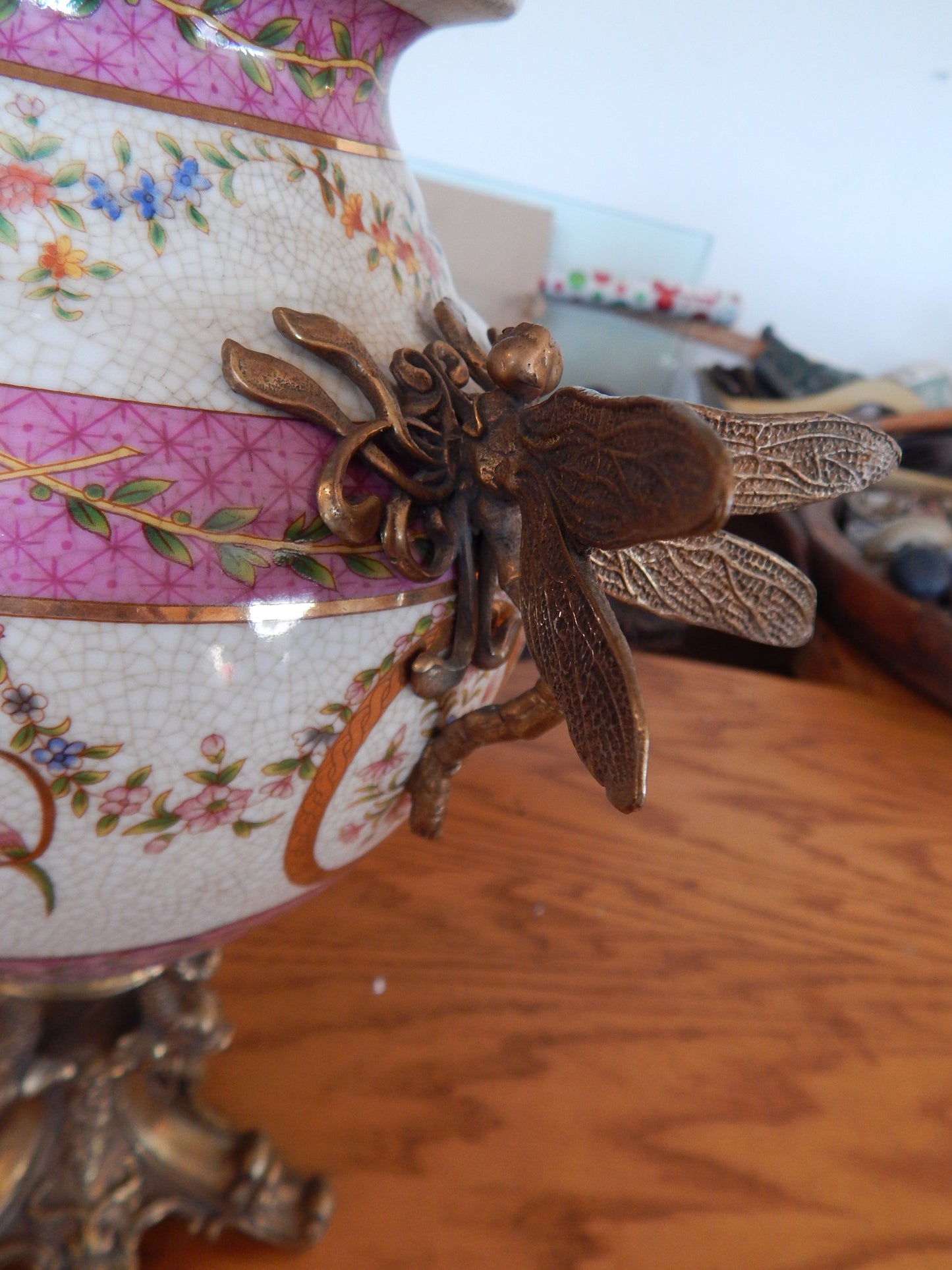 Sevres Porcelain - Pink Vase French w/ Gilt Bronze Ormolu Dragonfly Handles-Jantiques LLC.