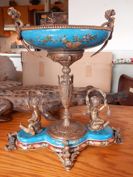 Sevres Porcelain - Blue Bowl French w/ Gilt Bronze Ormolu Cherub on Snail-Jantiques LLC.