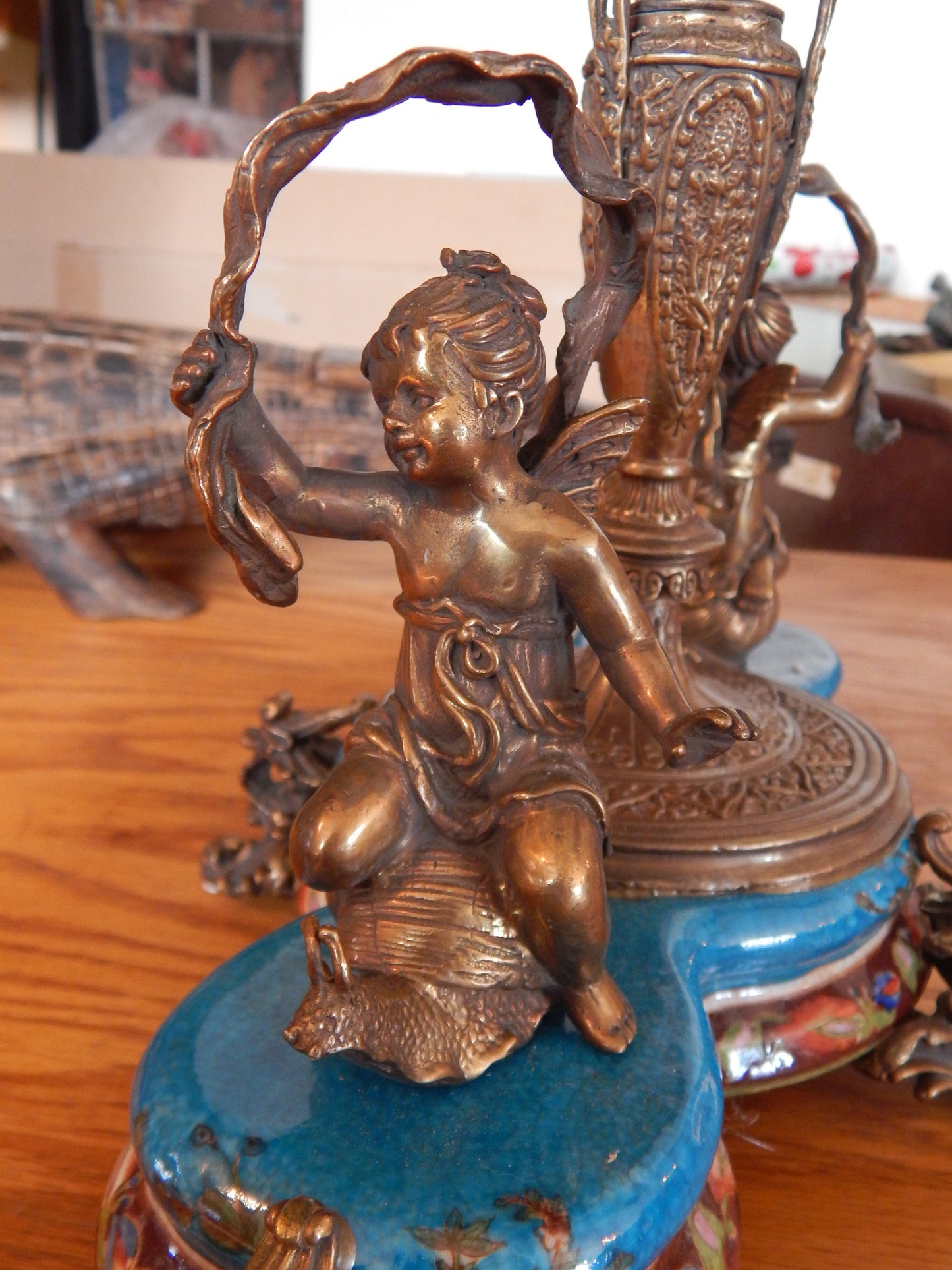 Sevres Porcelain - Blue Bowl French w/ Gilt Bronze Ormolu Cherub on Snail-Jantiques LLC.