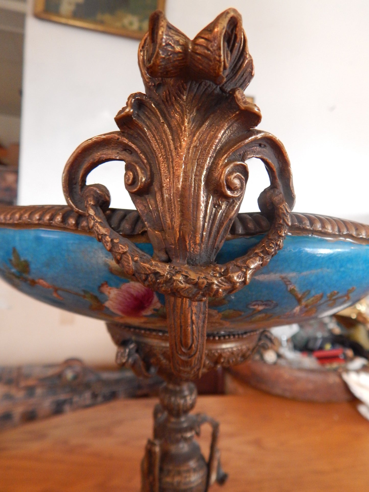 Sevres Porcelain - Blue Bowl French w/ Gilt Bronze Ormolu Cherub on Snail-Jantiques LLC.