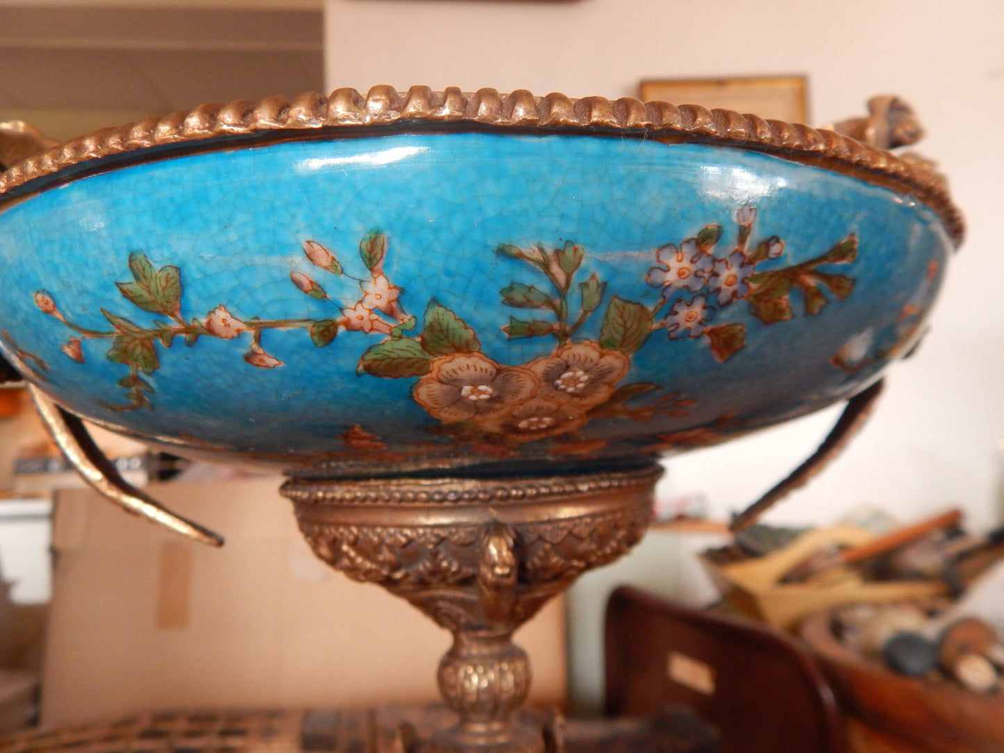 Sevres Porcelain - Blue Bowl French w/ Gilt Bronze Ormolu Cherub on Snail-Jantiques LLC.