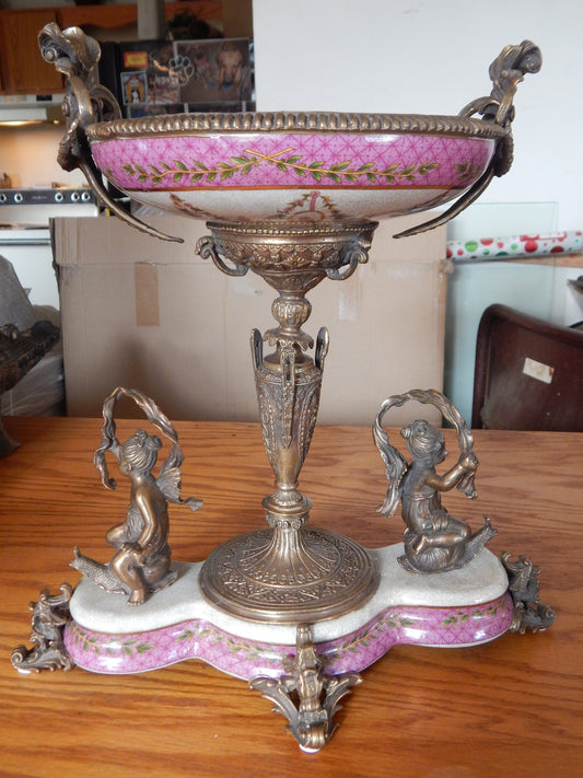 Sevres Porcelain - Pink Bowl French w/ Gilt Bronze Ormolu Cherub on Snail-Jantiques LLC.