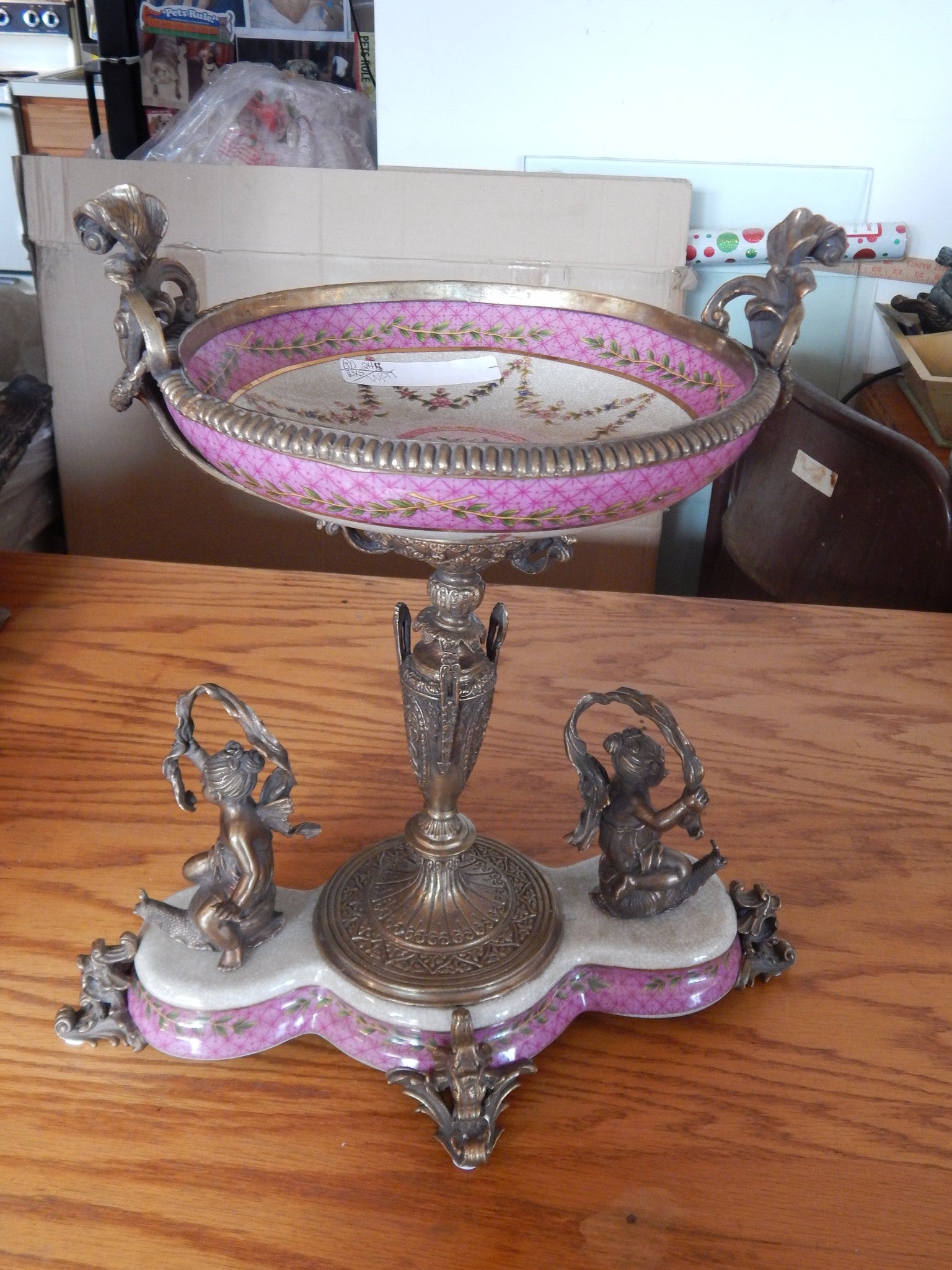 Sevres Porcelain - Pink Bowl French w/ Gilt Bronze Ormolu Cherub on Snail-Jantiques LLC.