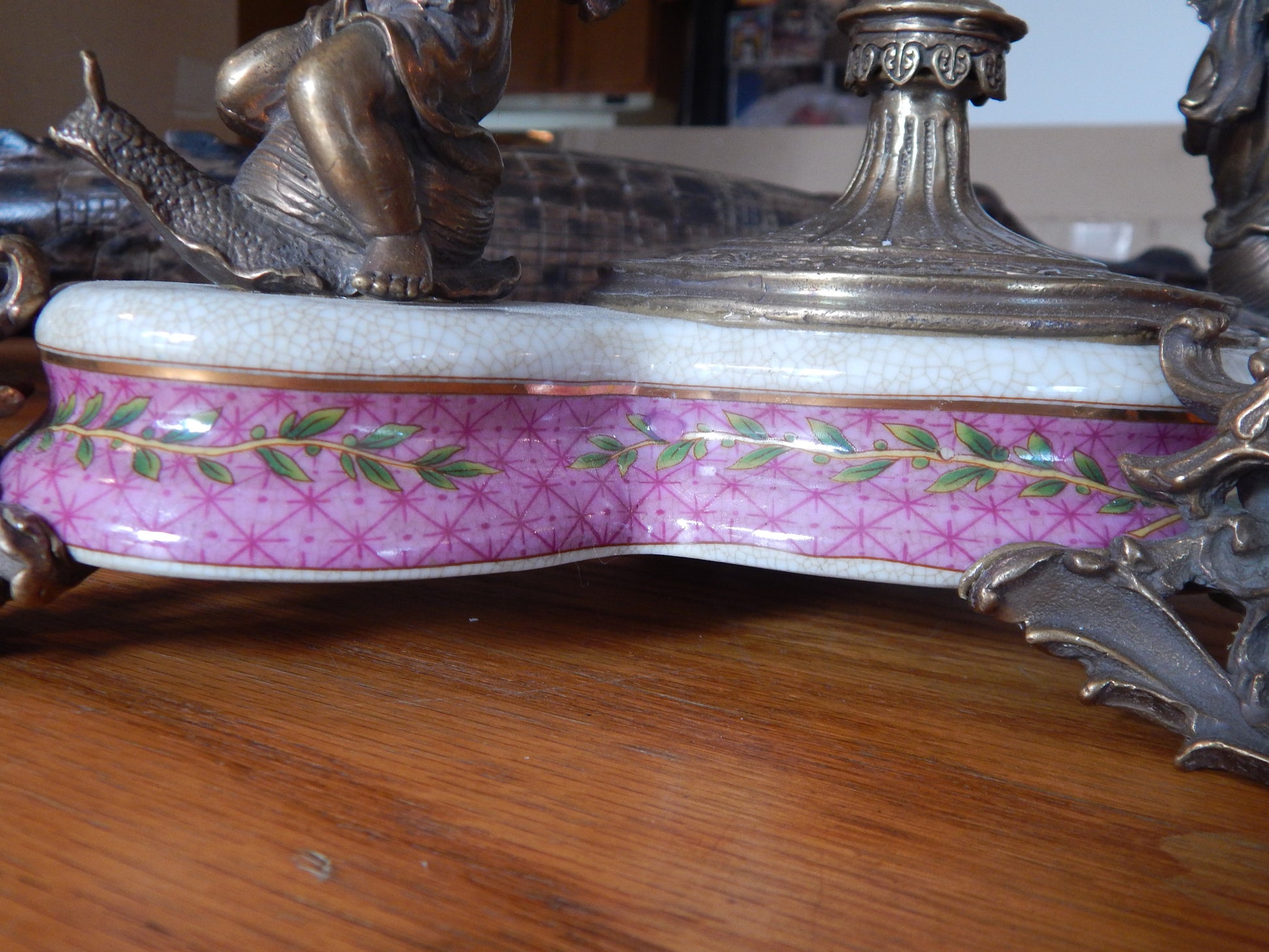 Sevres Porcelain - Pink Bowl French w/ Gilt Bronze Ormolu Cherub on Snail-Jantiques LLC.