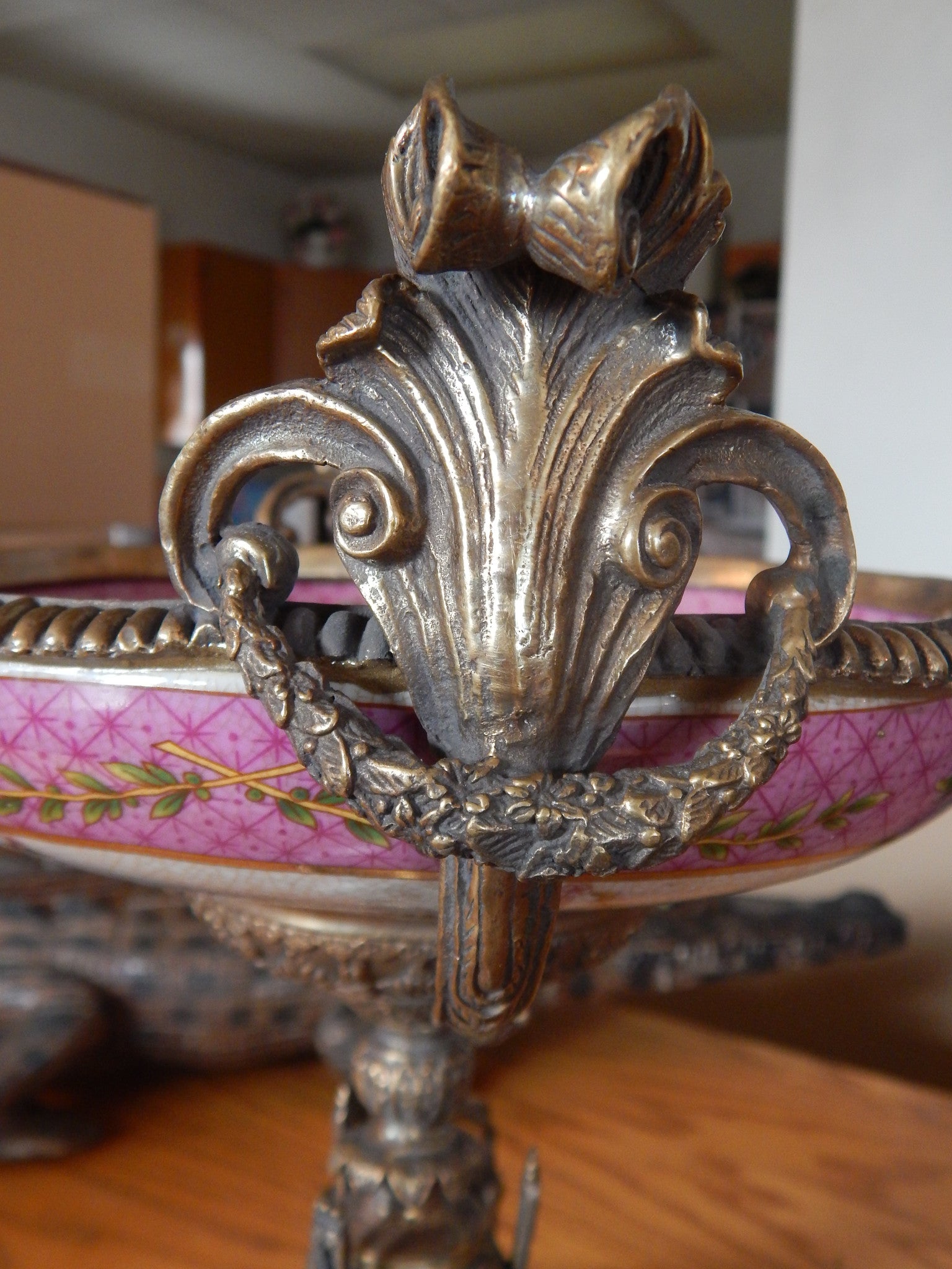 Sevres Porcelain - Pink Bowl French w/ Gilt Bronze Ormolu Cherub on Snail-Jantiques LLC.