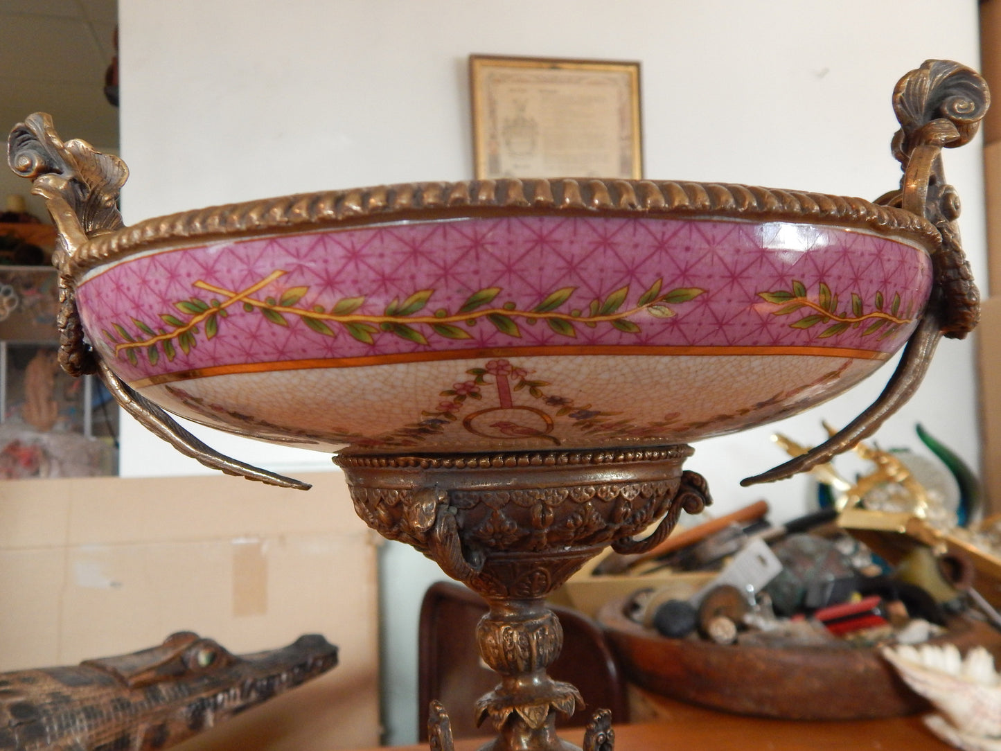 Sevres Porcelain - Pink Bowl French w/ Gilt Bronze Ormolu Cherub on Snail-Jantiques LLC.