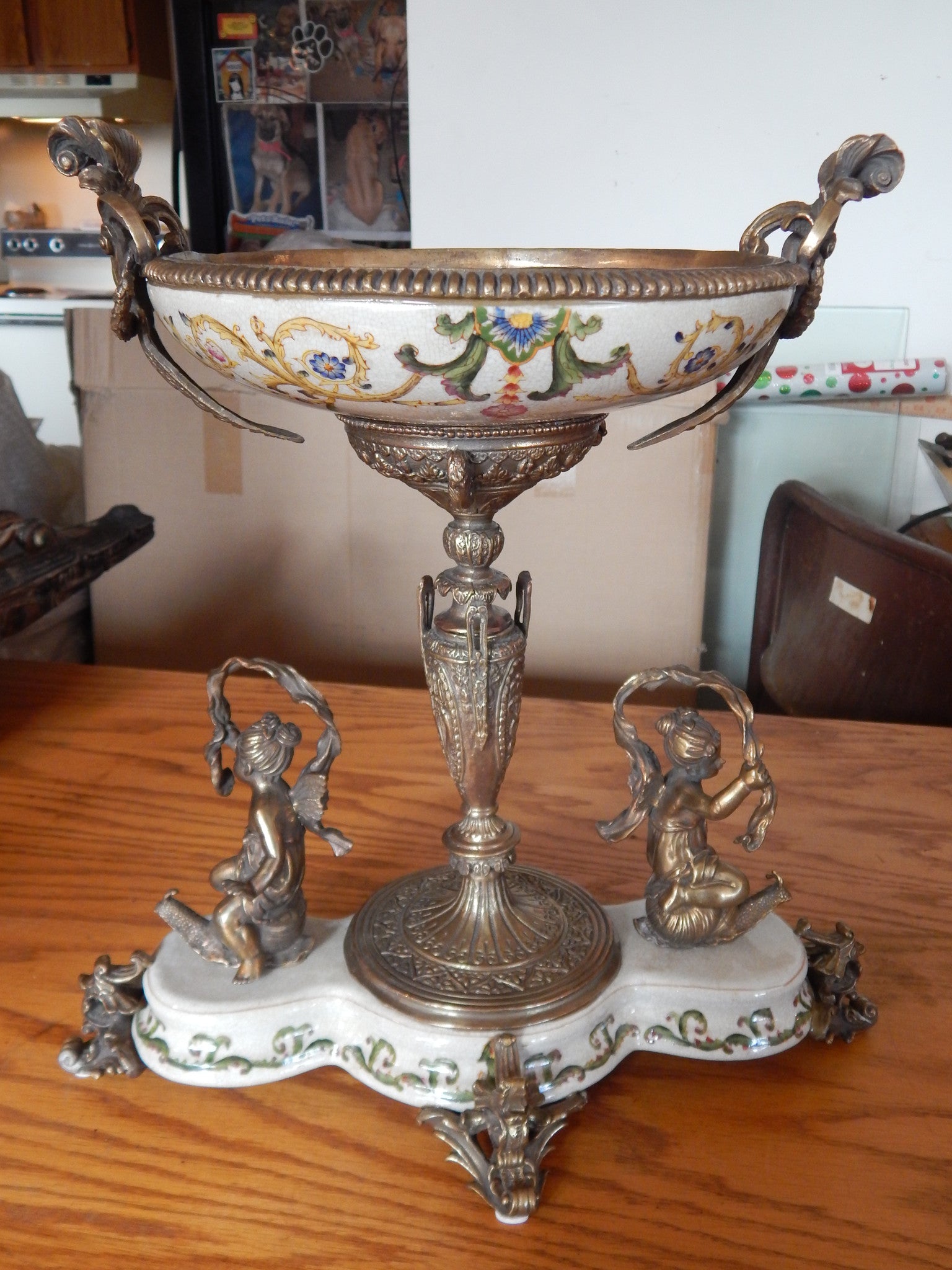 Sevres Porcelain - Green Bowl French w/ Gilt Bronze Ormolu Cherub on Snail-Jantiques LLC.