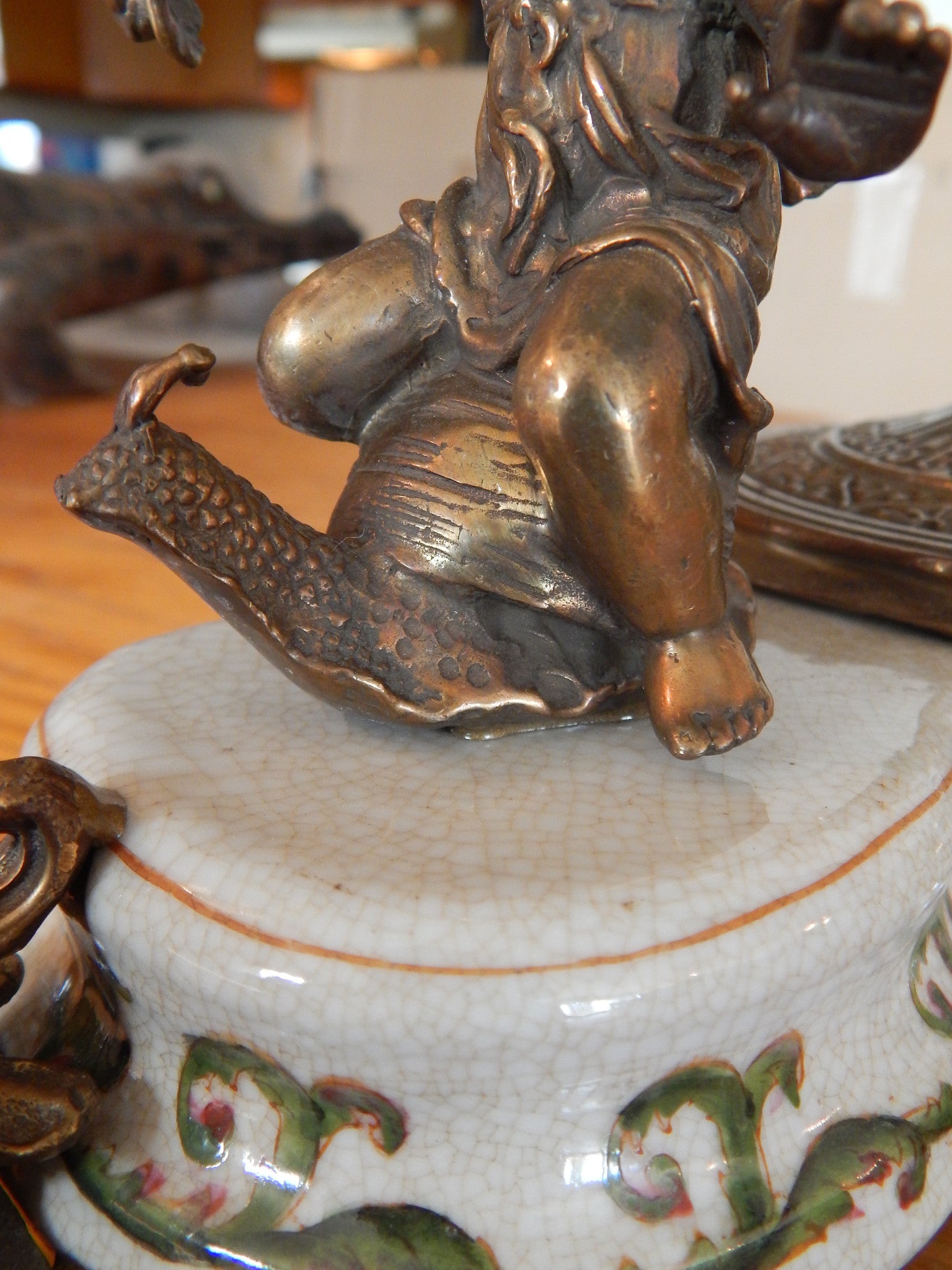 Sevres Porcelain - Green Bowl French w/ Gilt Bronze Ormolu Cherub on Snail-Jantiques LLC.