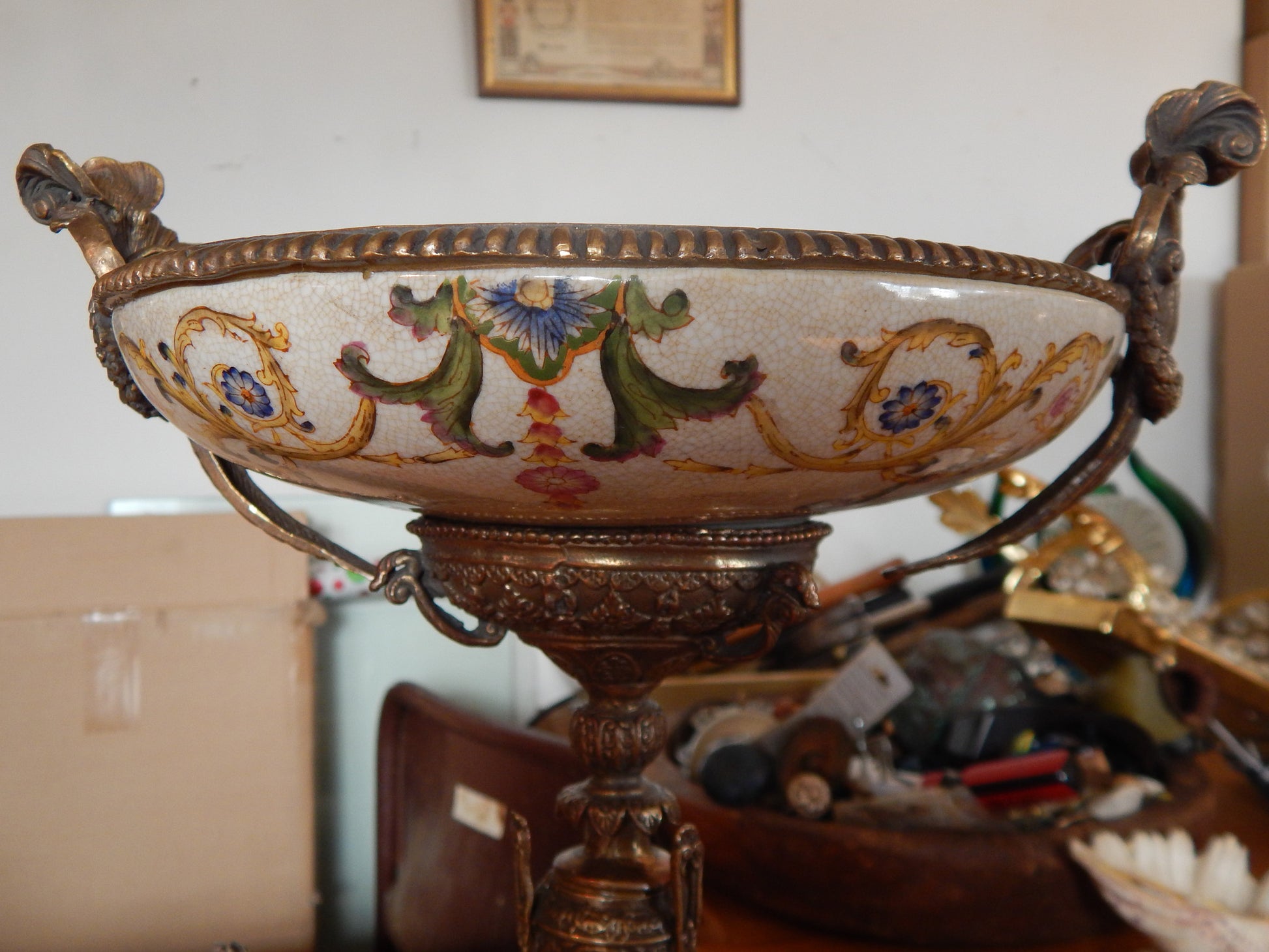 Sevres Porcelain - Green Bowl French w/ Gilt Bronze Ormolu Cherub on Snail-Jantiques LLC.