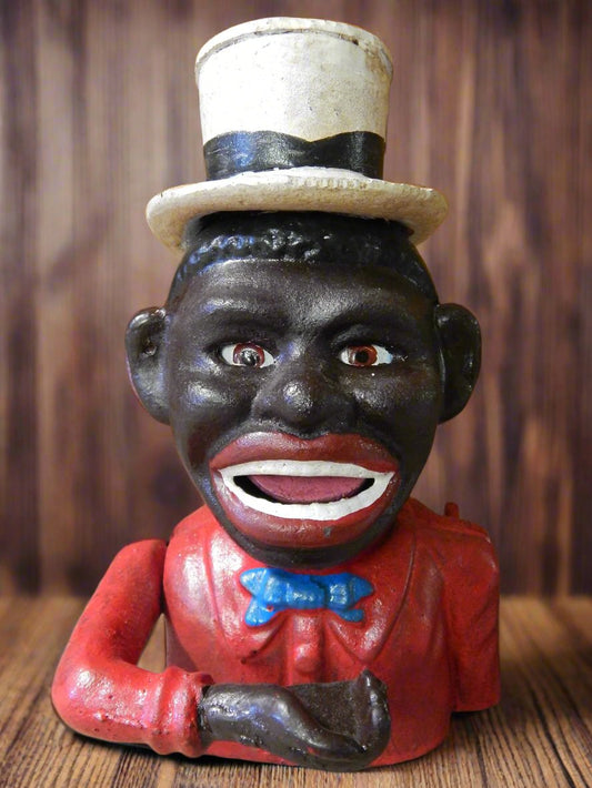 Cast Iron Mechanical Bank - Red Suit Black Americana Man with Top Hat-Jantiques LLC.