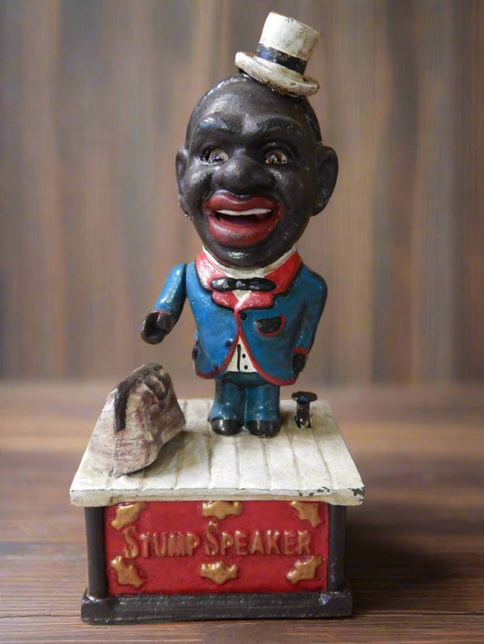 Cast Iron Mechanical Bank - Americana Stump Speaker-Jantiques LLC.