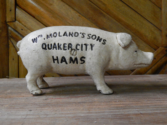 Pig Bank -Cast Iron "Wm Moland's Sons Quaker City Hams" Blue Advertising-Jantiques LLC.