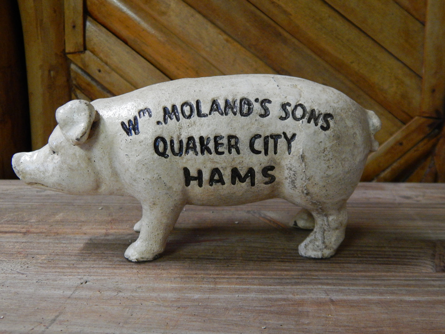 Pig Bank -Cast Iron "Wm Moland's Sons Quaker City Hams" Blue Advertising-Jantiques LLC.