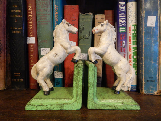 Bookends - Cast Iron Pair White Vintage Horse-Jantiques LLC.