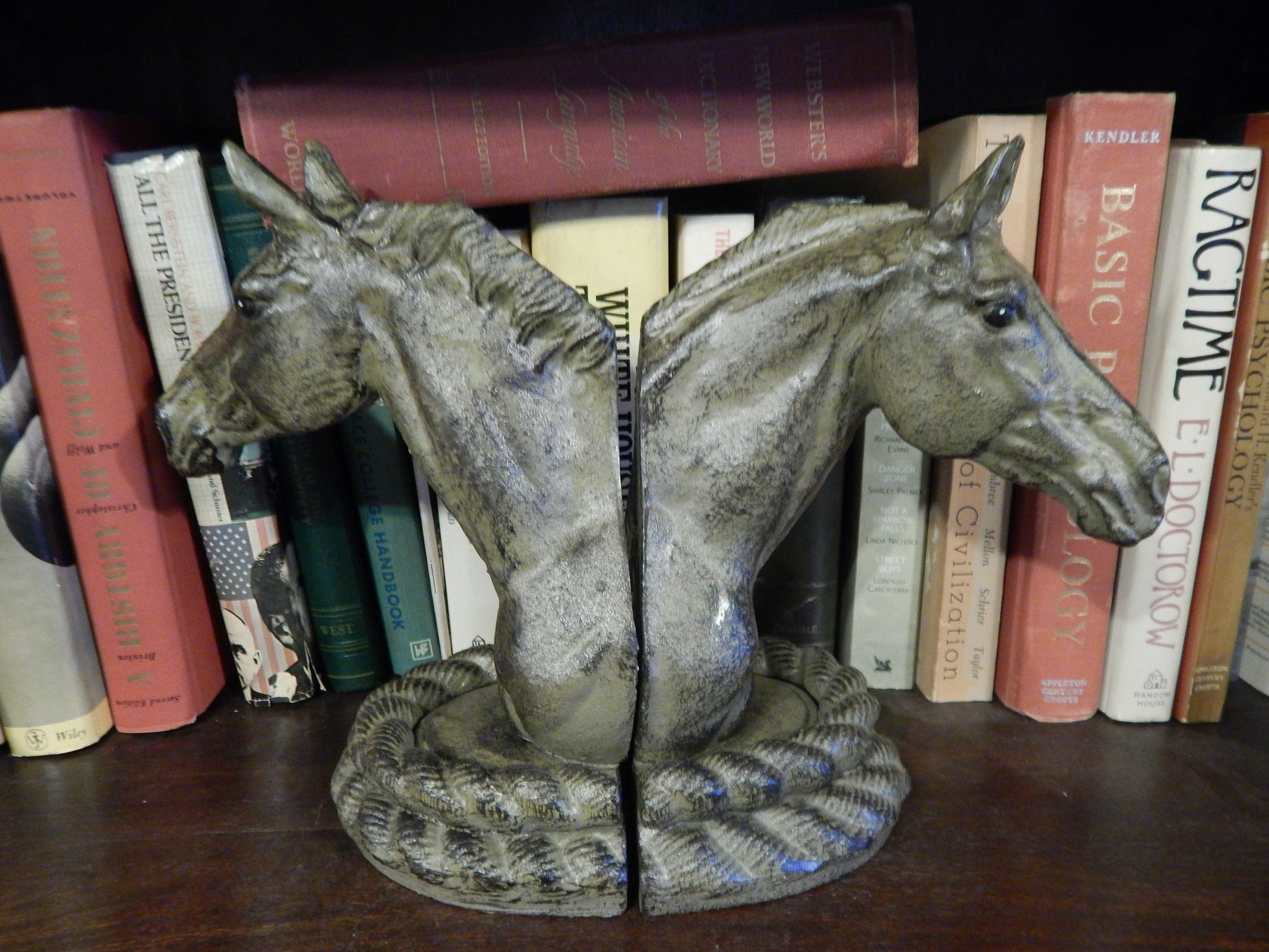 Bookends -Cast Iron Pair Verde Green Horse Head-Jantiques LLC.