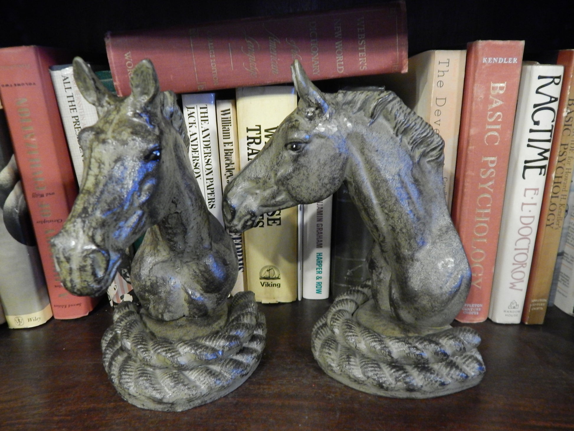 Bookends -Cast Iron Pair Verde Green Horse Head-Jantiques LLC.