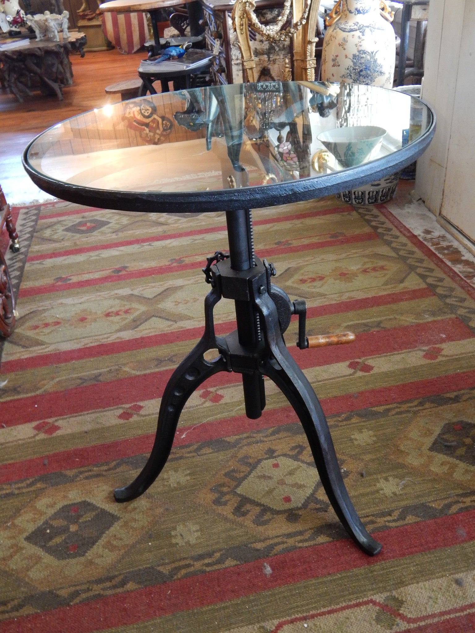 Industrial Hand Crank Glass Table-Jantiques LLC.