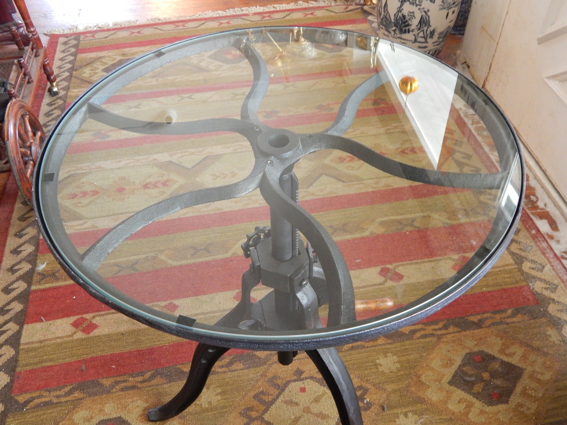 Industrial Hand Crank Glass Table-Jantiques LLC.