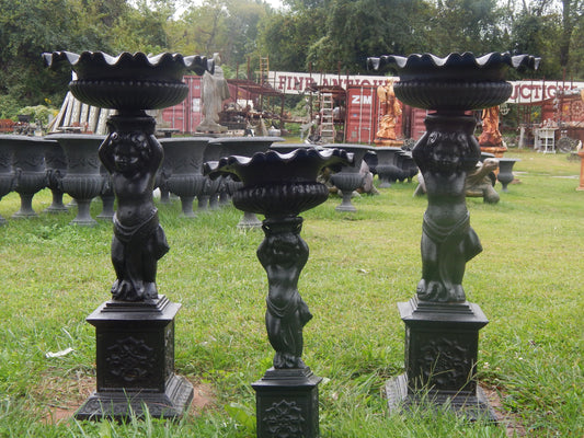 Urns Cast Iron - Pair Tall Black Cherub-Jantiques LLC.