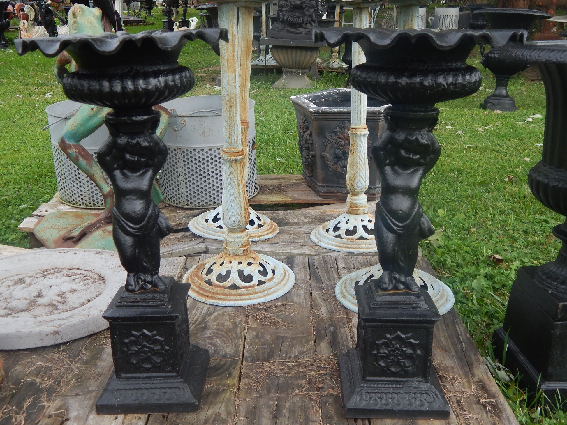 Urns Cast Iron - Pair Short Black Cherub-Jantiques LLC.