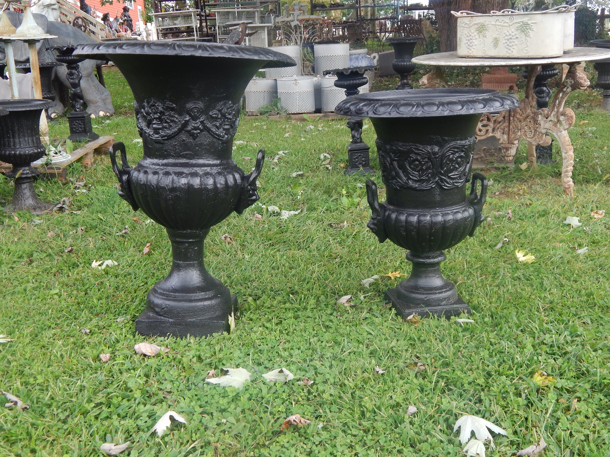 Urns Cast Iron -Pair Tall Black Lion Handle-Jantiques LLC.