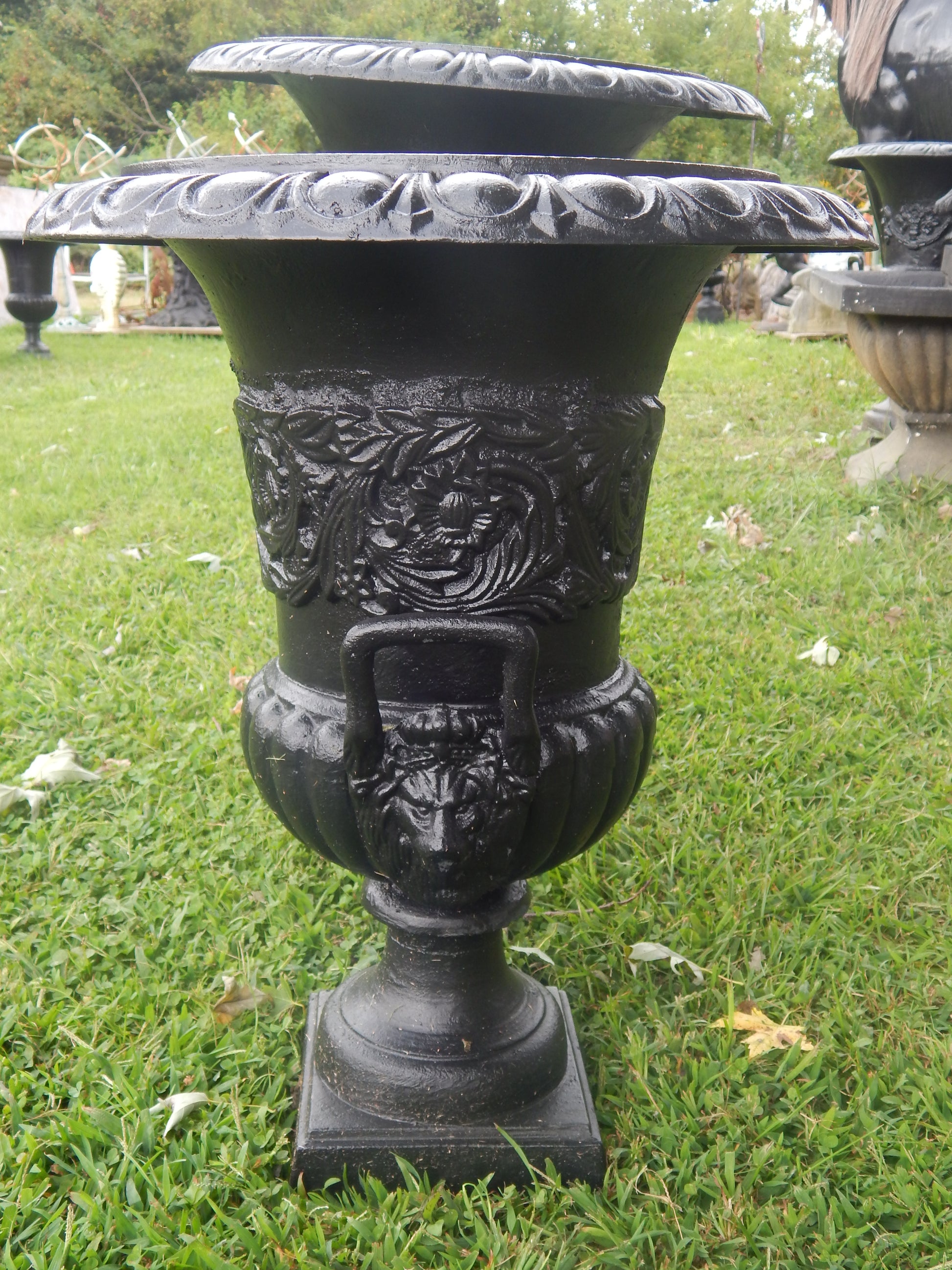 Urns Cast Iron -Pair Short Black Lion Handle-Jantiques LLC.