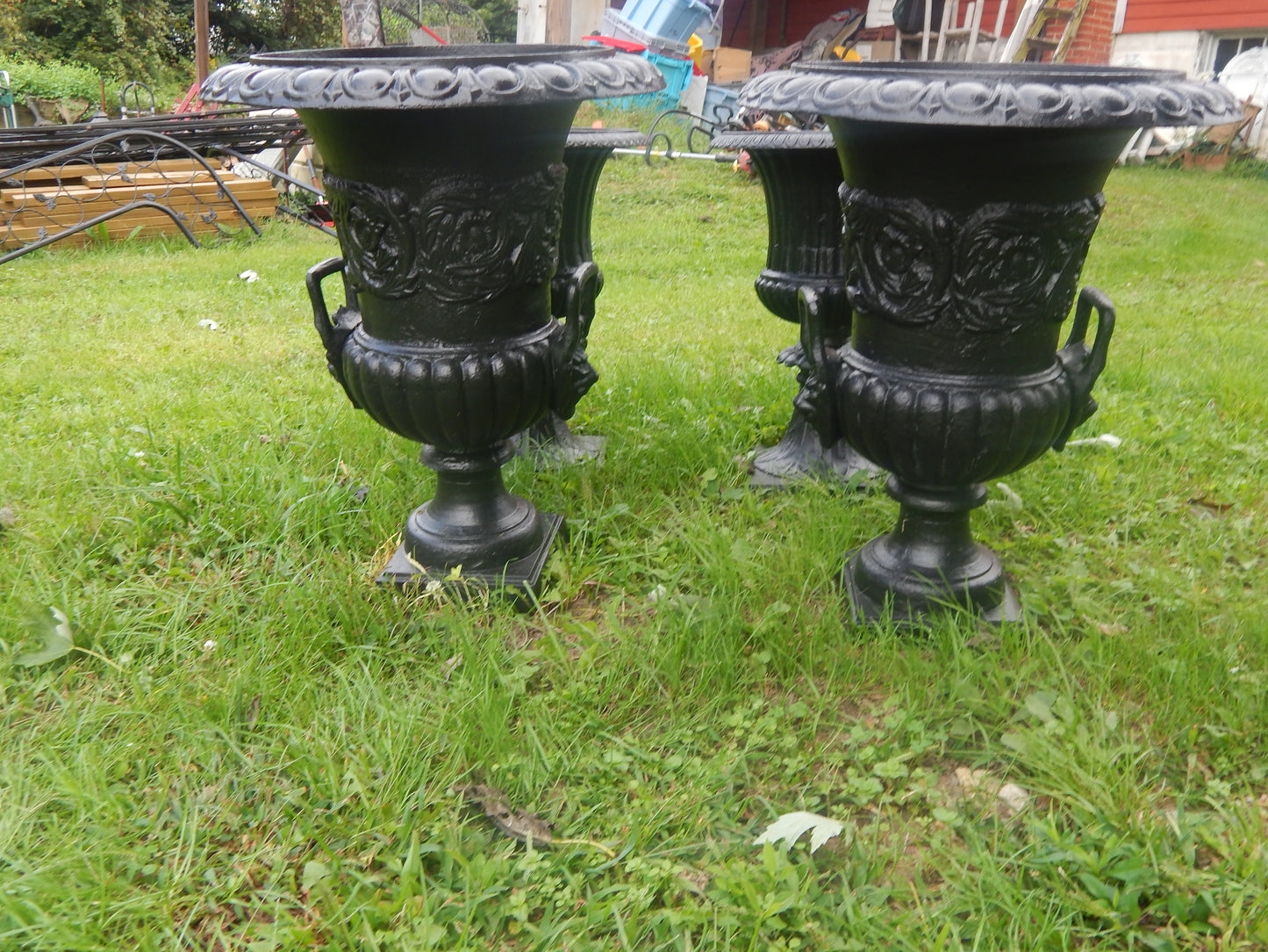 Urns Cast Iron -Pair Tall Black Lion Handle-Jantiques LLC.