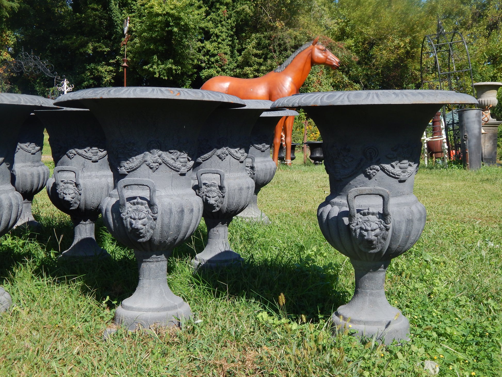 Urns Cast Iron -Pair Tall Lion Handle-Jantiques LLC.