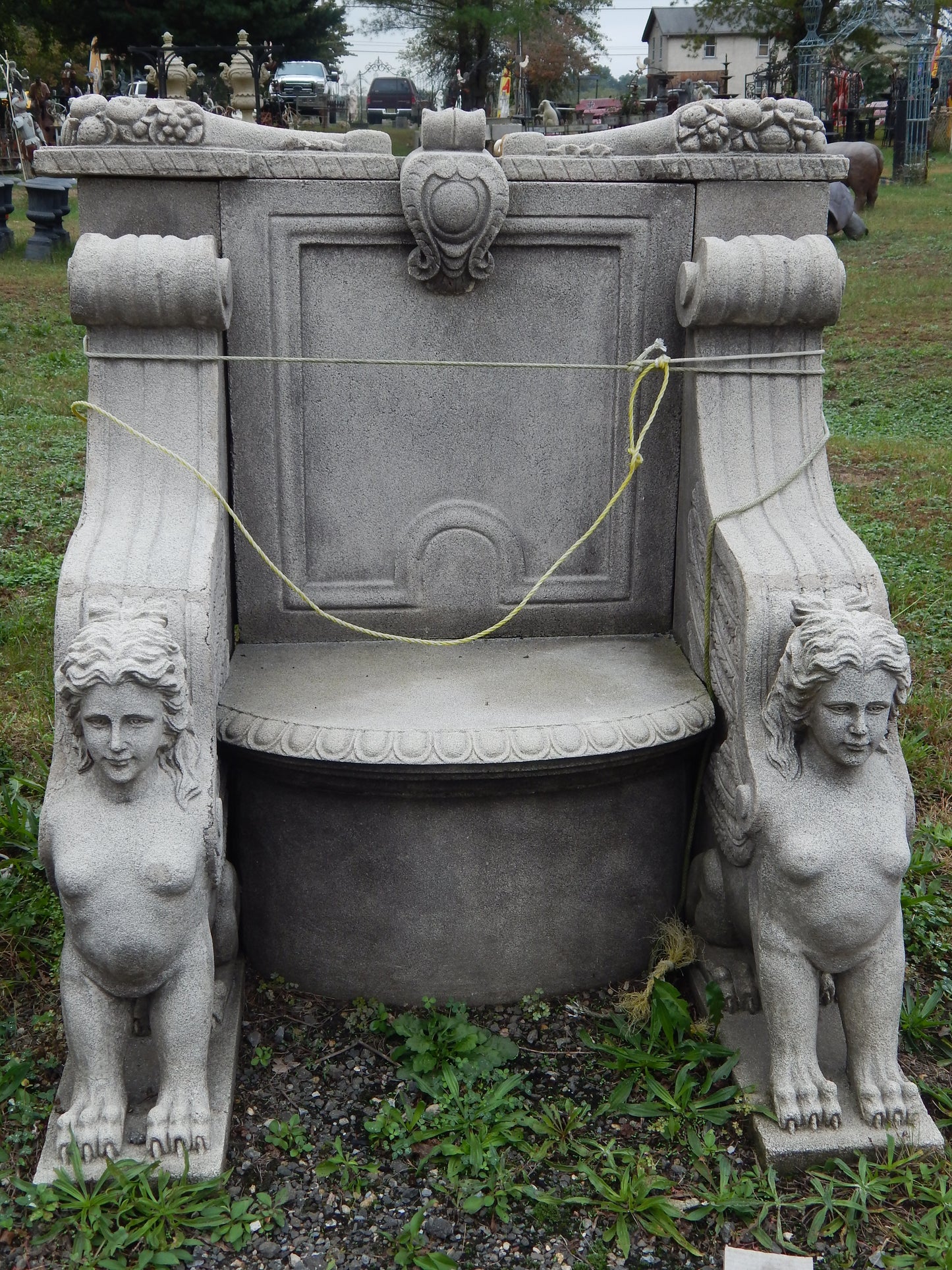 Garden Chair - Pair Stone Dust Hand Carved Set Lady sphinx French Empire Style-Jantiques LLC.