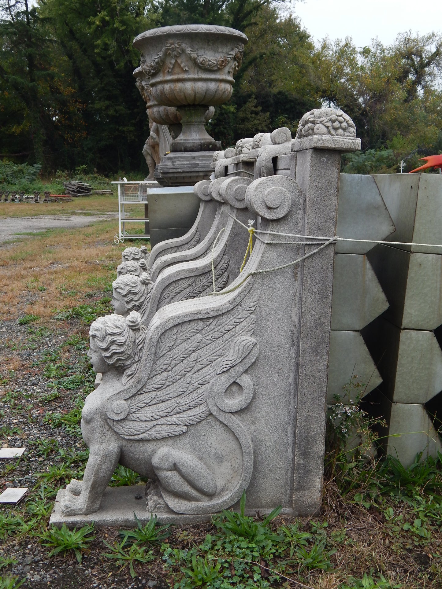 Garden Chair - Pair Stone Dust Hand Carved Set Lady sphinx French Empire Style-Jantiques LLC.