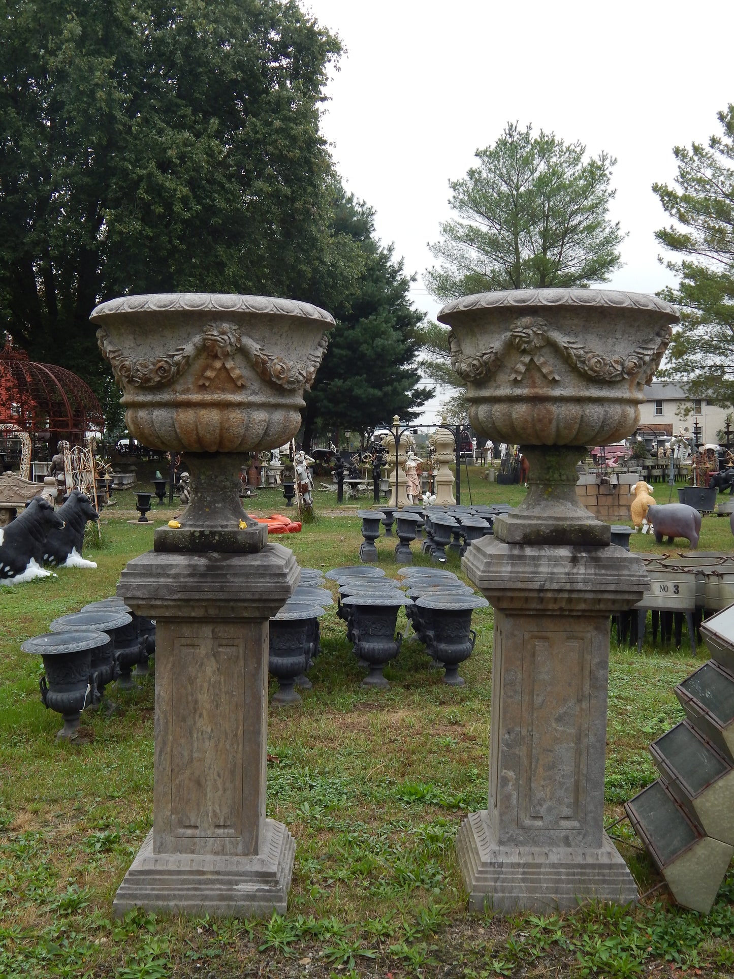 Stoned Planter- Pair Hand Carved Drive Way Pediment Urn-Jantiques LLC.