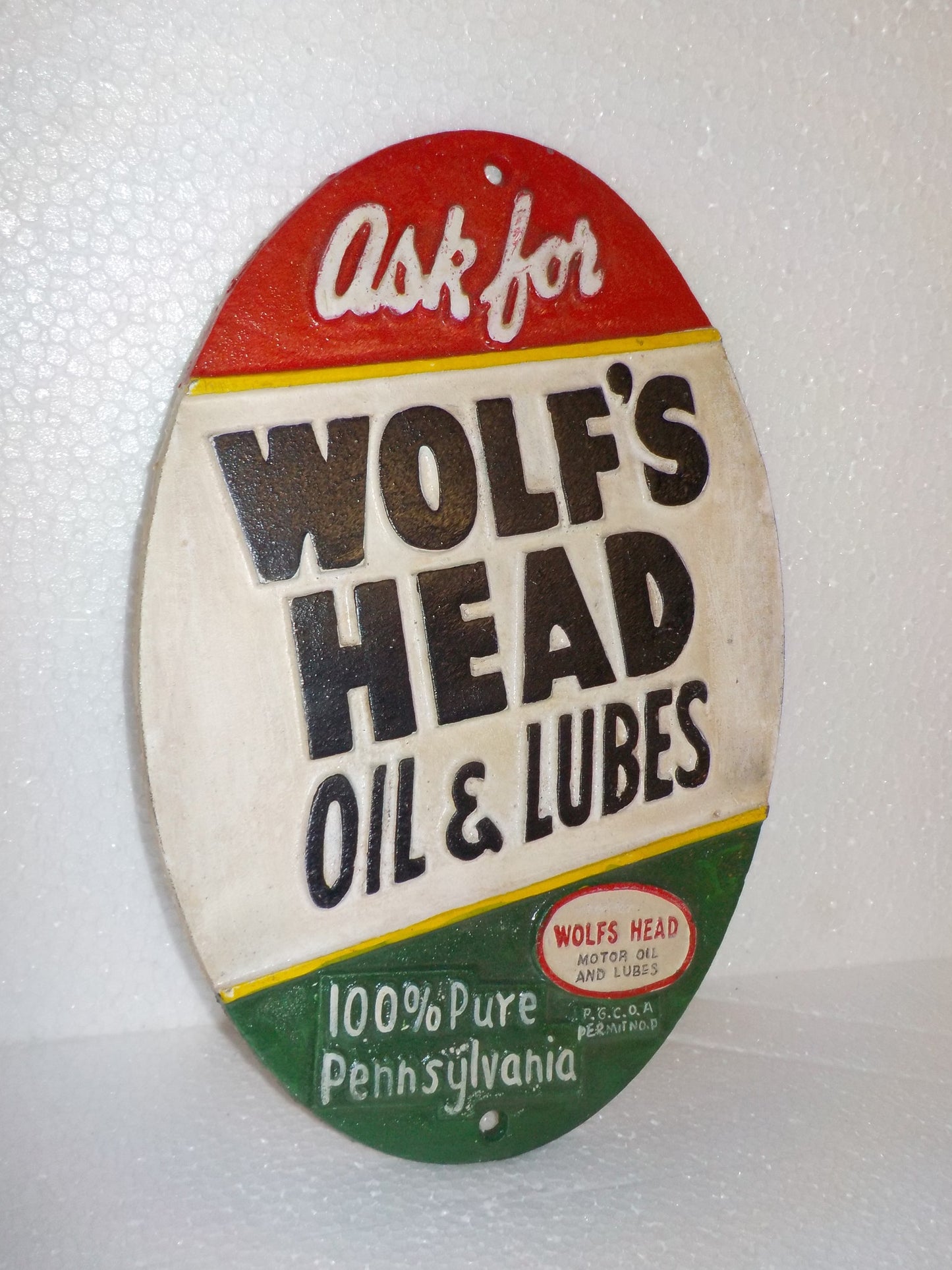 Cast Iron Sign - Automotive "WOLF'S HEAD OIL&LUBE 100% PENNSYLVANIA MOTOR OIL"-Jantiques LLC.