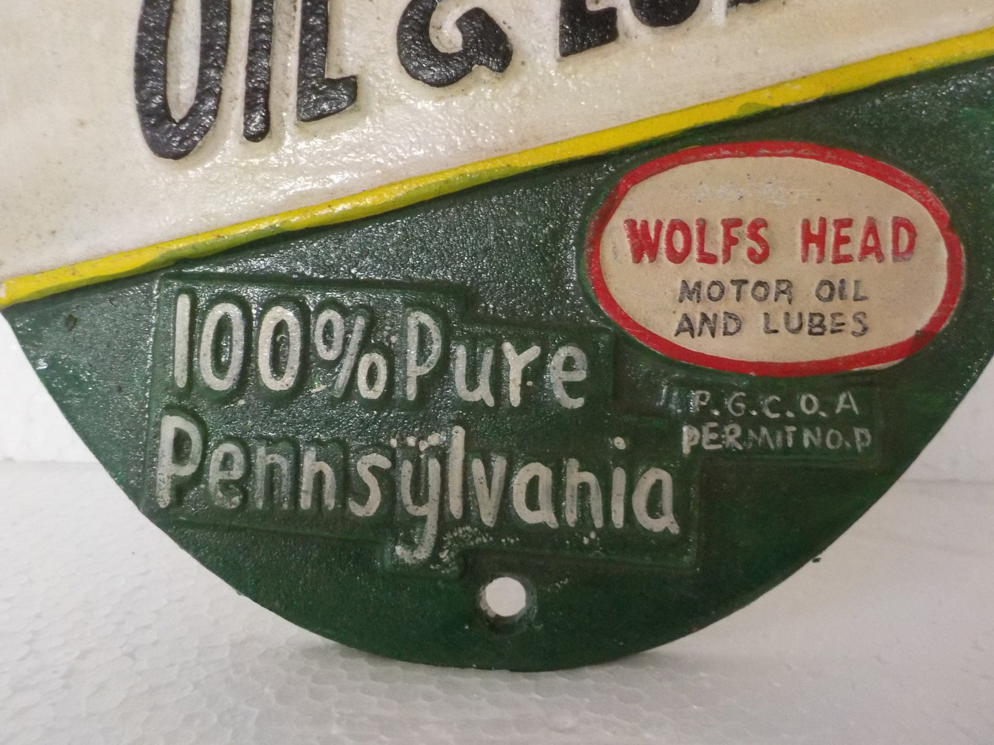 Cast Iron Sign - Automotive "WOLF'S HEAD OIL&LUBE 100% PENNSYLVANIA MOTOR OIL"-Jantiques LLC.