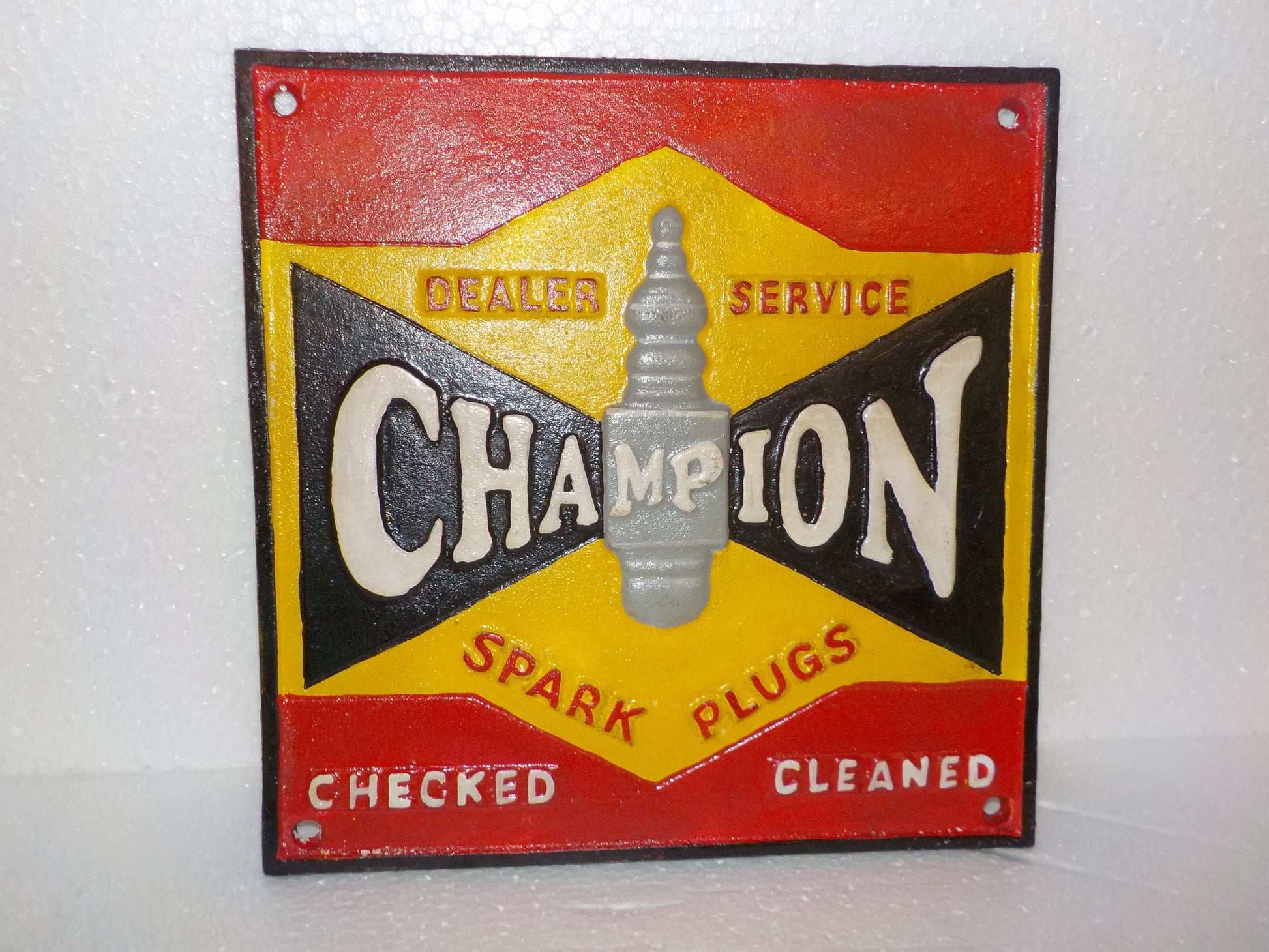 Cast Iron Sign - "Champion Spark Plugs Checked Cleaned"-Jantiques LLC.