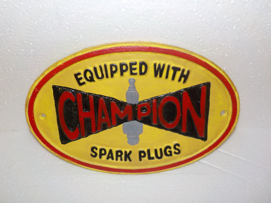 Cast Iron Sign - Oval "Equipped With Champion Spark Plugs"-Jantiques LLC.