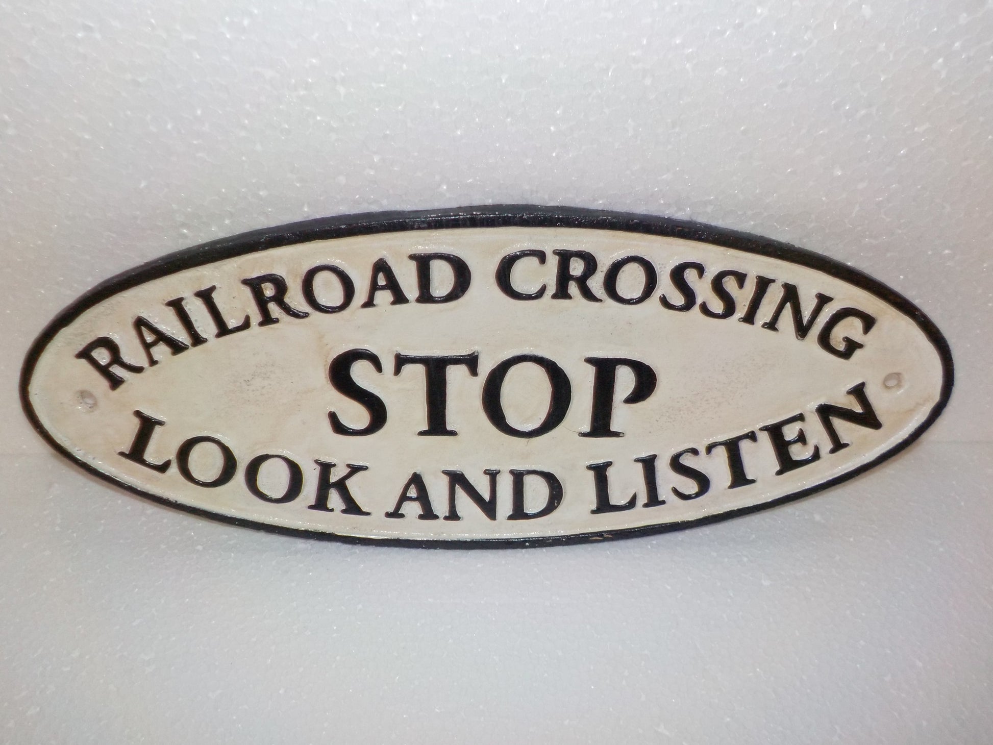 Cast Iron Sign -"Railroad Stop Look and Listen" Plaque-Jantiques LLC.