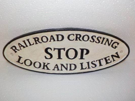 Cast Iron Sign -"Railroad Stop Look and Listen" Plaque-Jantiques LLC.