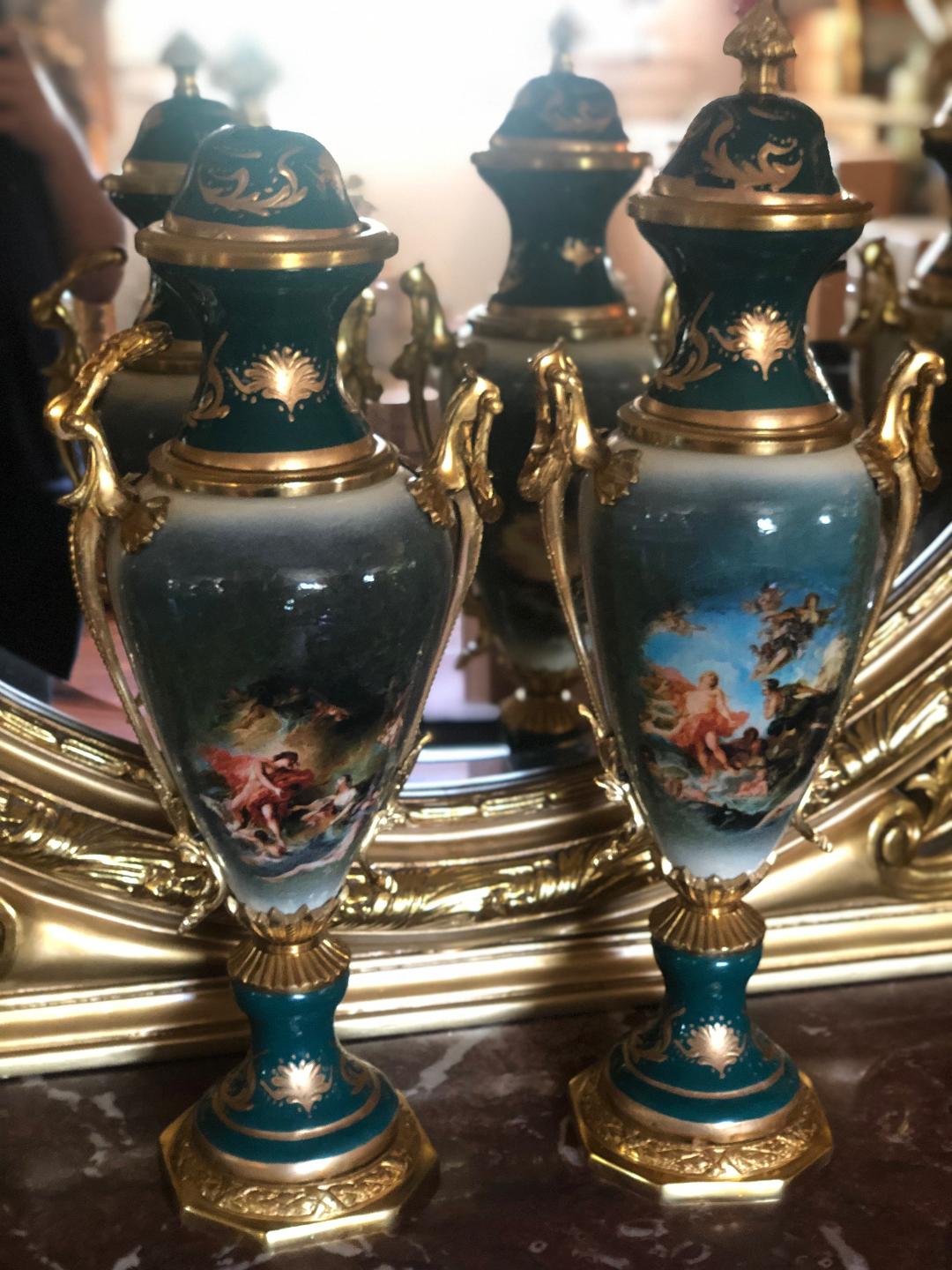 Green French Sevres porcelain and bronze urns-Jantiques LLC.