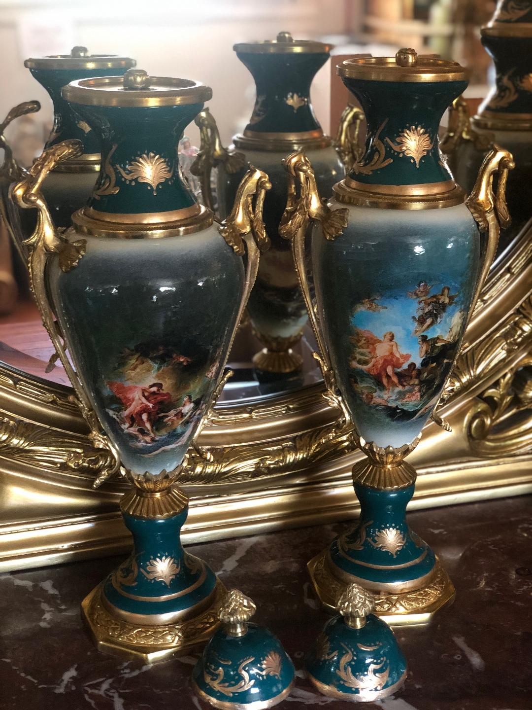 Green French Sevres porcelain and bronze urns-Jantiques LLC.