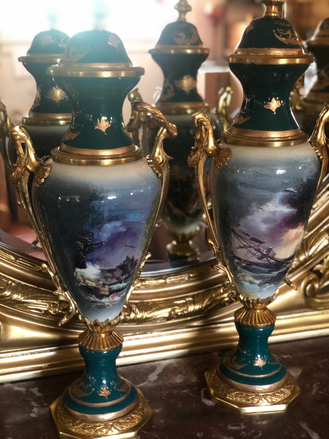 Green French Sevres porcelain and bronze urns-Jantiques LLC.