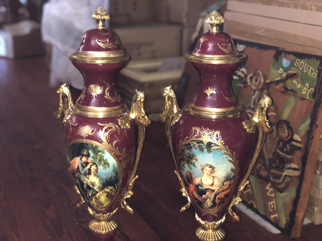 Red French Serves porcelain and bronze urns-Jantiques LLC.