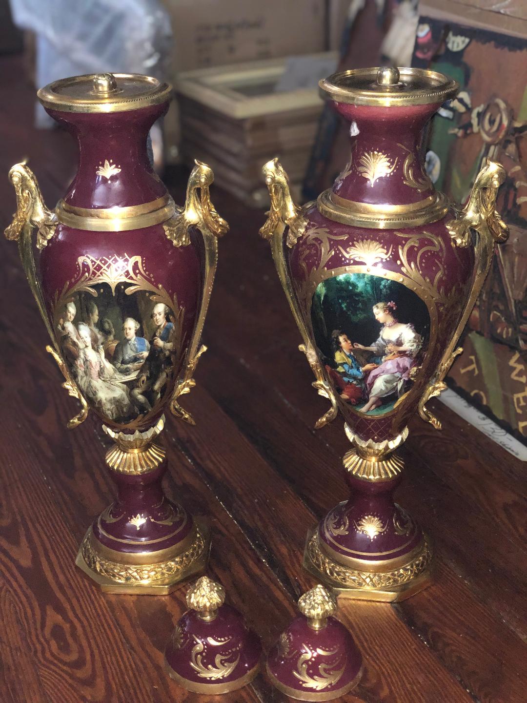 Red French Serves porcelain and bronze urns-Jantiques LLC.