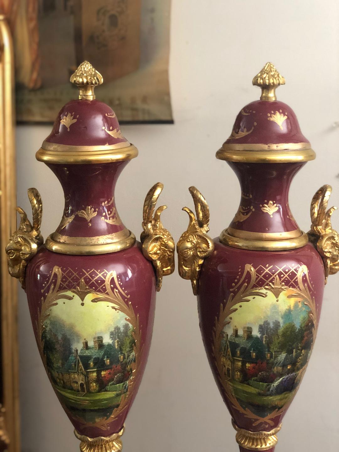 Red french sevres porcelain and bronze urns-Jantiques LLC.