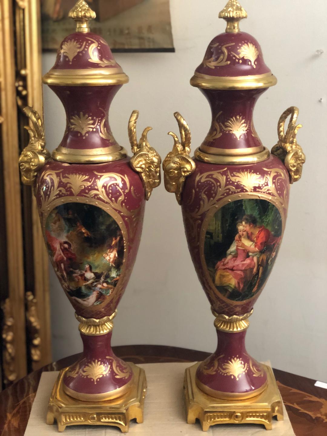 Red french sevres porcelain and bronze urns-Jantiques LLC.