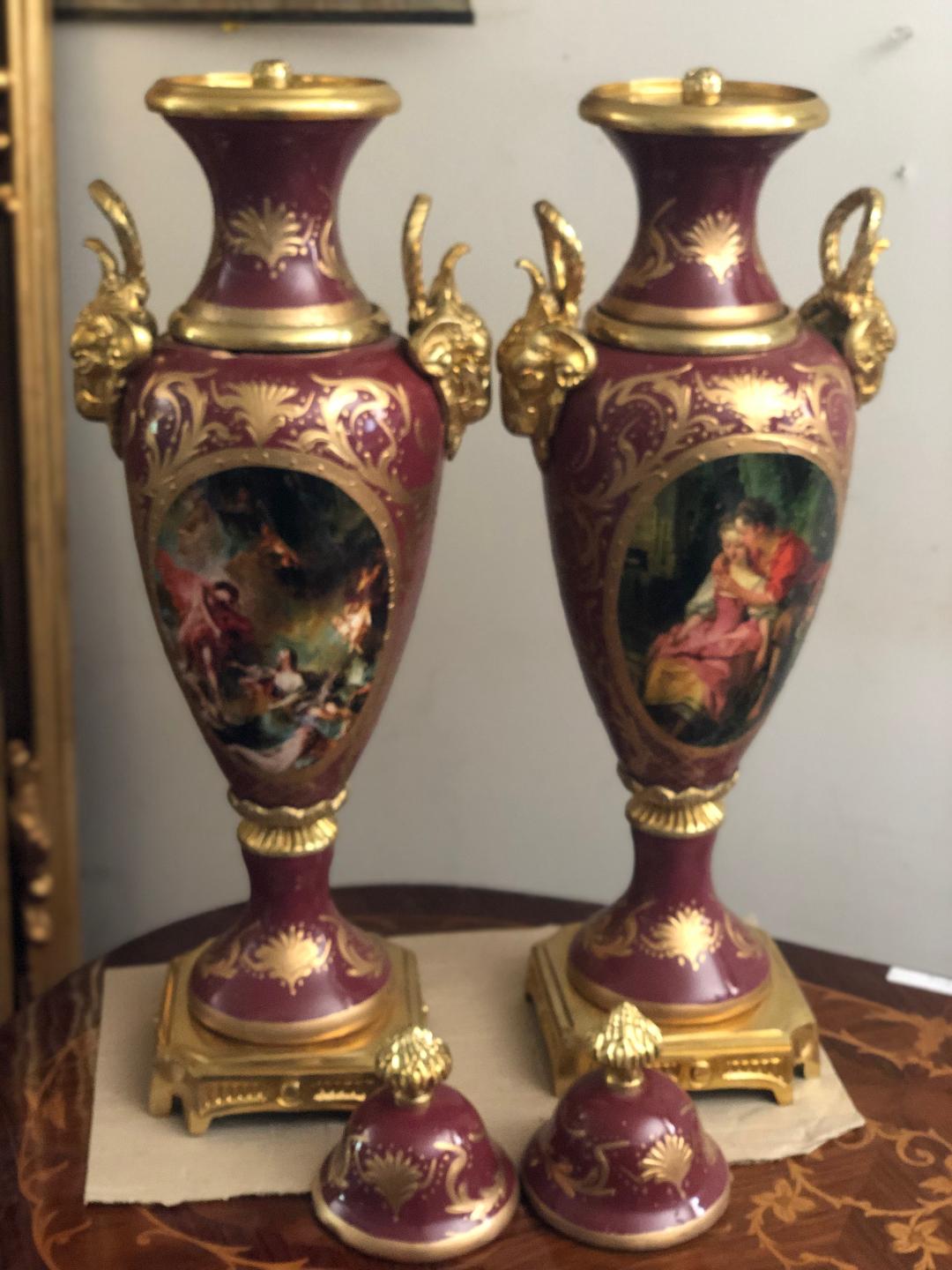 Red french sevres porcelain and bronze urns-Jantiques LLC.