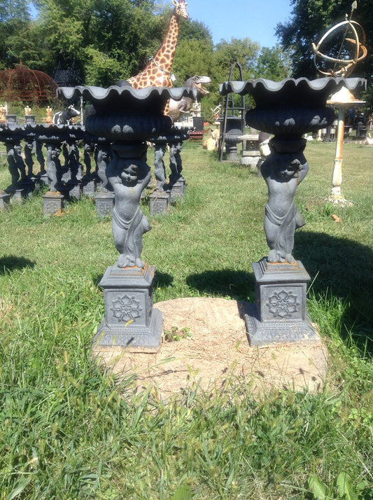 Urns Cast Iron - Pair Short Cherub-Jantiques LLC.